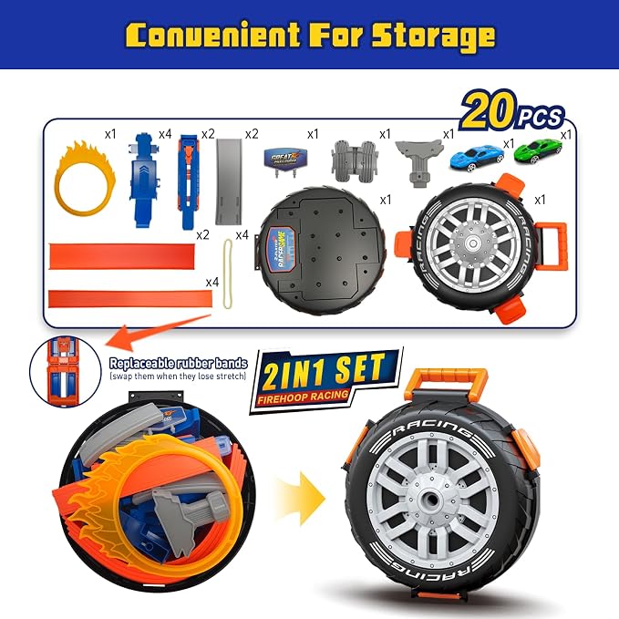 Race Car Track Set for Kids Ages 3-8，Transformable Tire Storage & Portable Handle into Race Course, Racing Toy Playset Birthday Gift for Kids Boys Girls