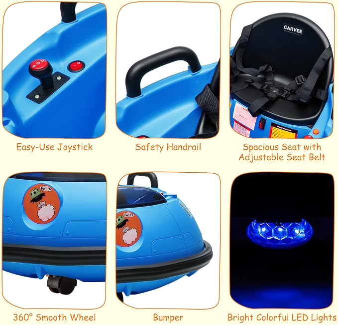 Garvee 12V Kids Ride On Bumper Car with Parental Remote Control, 360° Spin Electric Toddler Bumping Car, LED Lights, Safety Belt & Music, Ride On Cars for 18 Months+ Toddlers