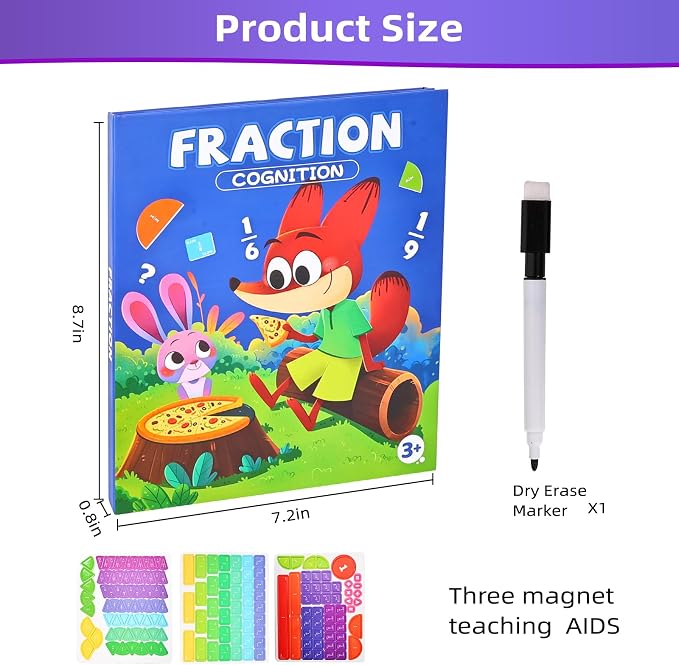 Magnetic Fraction Demonstration Book,Magnetic Fraction Tiles & Fraction Circles,Montessori Fraction Manipulatives Learning Games for Kids,Fraction Manipulatives for Elementary School (Fox)