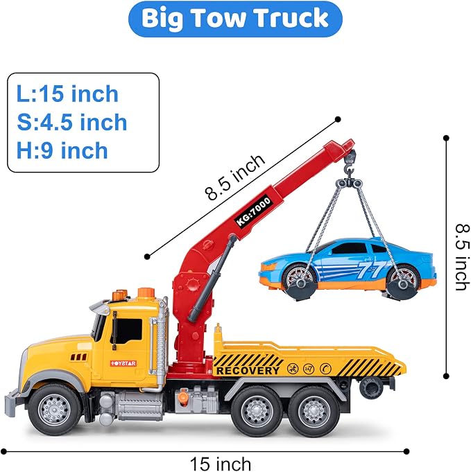 haomsj Big Tow Truck Toy with Car for 3+ Year Old Boys Friction Power Crane Transport Truck with Light Sound Toy Truck for Kids Ages 3-7 Birthday Toys for Boys (1:18 Plastic Tow Truck)