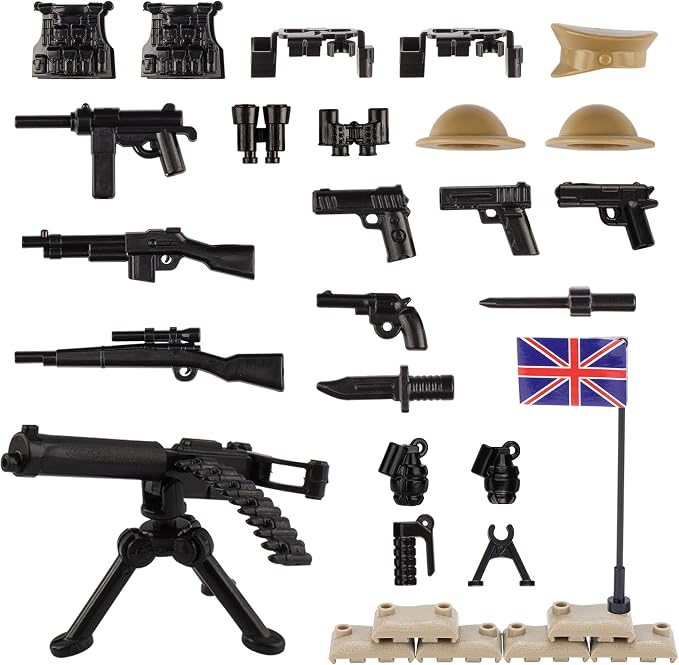 Military Weapons Pack 24 Pcs UK Accessories Kits Toys, Army Equipment Gear WW2 Guns for Boys 6+, Compatible with Mini Figure of Major Brand