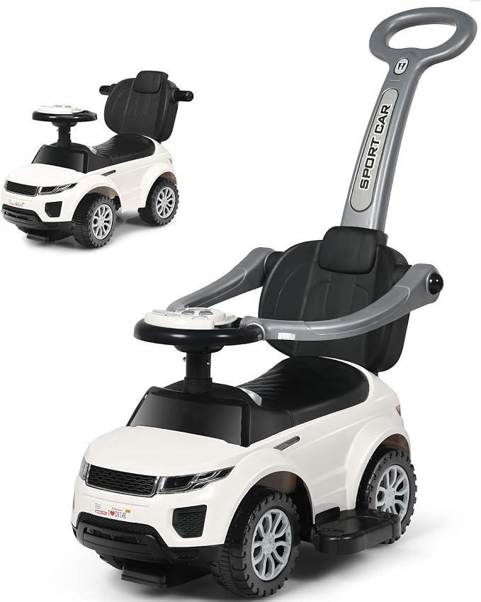 Costzon 3 in 1 Ride on Push Car, Stroller Sliding Walking Car with Horn, Music, Light, Under Seat Storage, Parental Handle, Armrest Guardrails, Ride on Toy for Boys & Girls (White)
