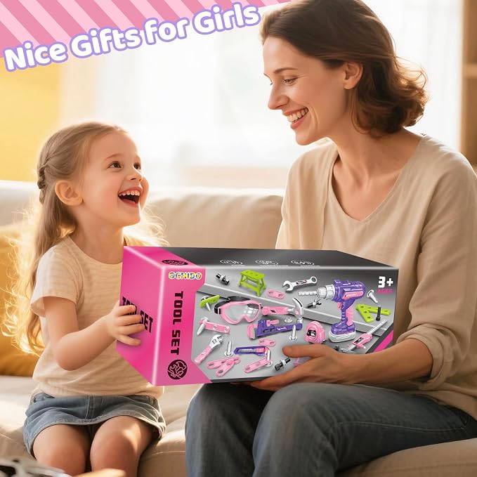 Kids Tool Set with Portable Tool Box & Electronic Toy Drill, Toddler Tool Set, Construction Tools for Kids Ages 3 4 5 6, 46 Pcs Tool kit for Christmas & Birthday Gifts for Girls