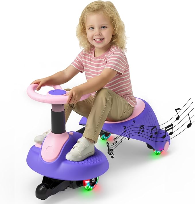 6V Electric Wiggle Car for Kids, 2-in-1 Ride On Swing Toy with Pedal, Adjustable Seat, 360° Steering, LED Flashing Wheels & Built-in Music, Anti-Rollover Ride-on Toy for Toddlers Ages 3+ Pink