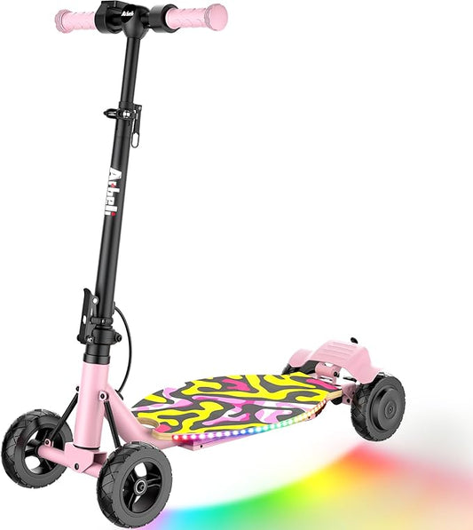 4-Wheel Electric Scooter for Kids w/ 250W Motor, Max 10 MPH & 8.5 Miles, Foldable E-Scooter for Kids with Rainbow Lights, LED Display, 5 Speeds & Adjustable Balance, UL-2272 Certified