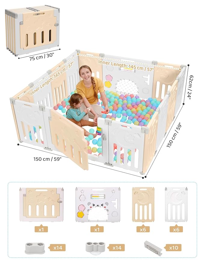 Dripex Baby Playpen, 14-Panel Foldable Playard for Toddlers 6-36 Months, Adjustable & Portable Indoor Outdoor Safety Play Area with Anti-Pinch Design, Game Panel and Safety Gate, Yellow White