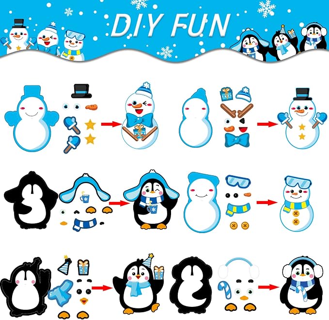 chiazllta 30 PCS Winter Christmas Craft Kits for Holiday DIY Snowman Penguin Sticker Craft Ornament Xmas Art Craft for Party Home Game Activities…