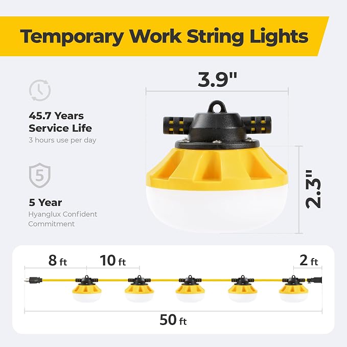 50FT 3-Prong Construction String Lights, LED Work Light, ETL Certified, 18/3 SJTW Cord, IP65 Waterproof, Linkable up to 16 Sets, for Jobsite, Attic, Garage