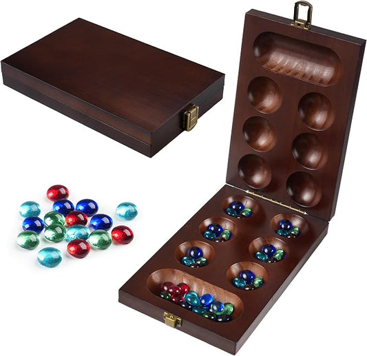 Mancala Board Game – Folding Wooden Travel Set with Locking Metal Latch | Includes 56 Colorful Glass Stones. Classic 2-Player Table Strategy Game. Great For Kids And Adults. Fun For Family Game Night