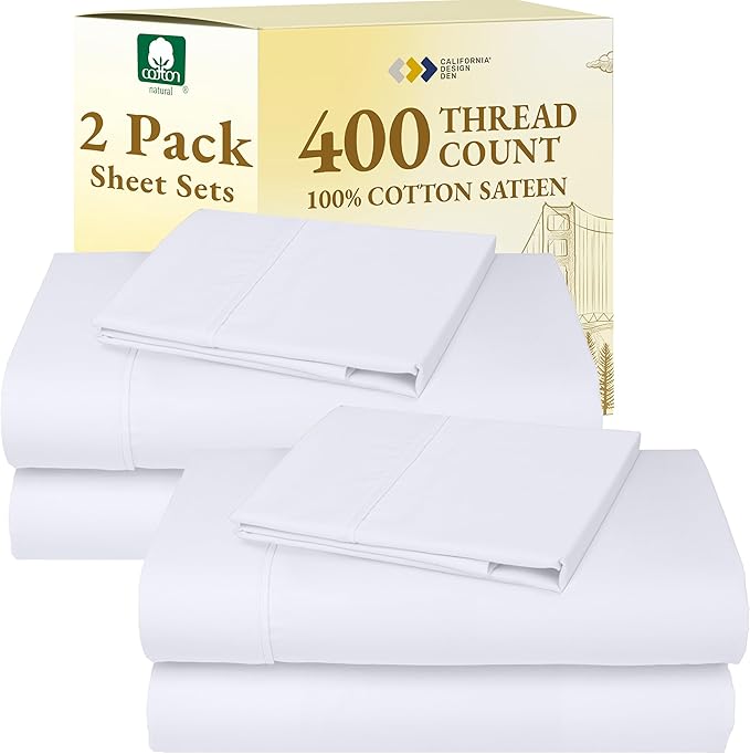 California Design Den Pack of 2 Twin Cotton Sheets Sets - 400 Thread Count 100% Cotton Sateen - Soft and Breathable Sheets, 2 Sets of Deep Pocket Bed Sheets - Bright White