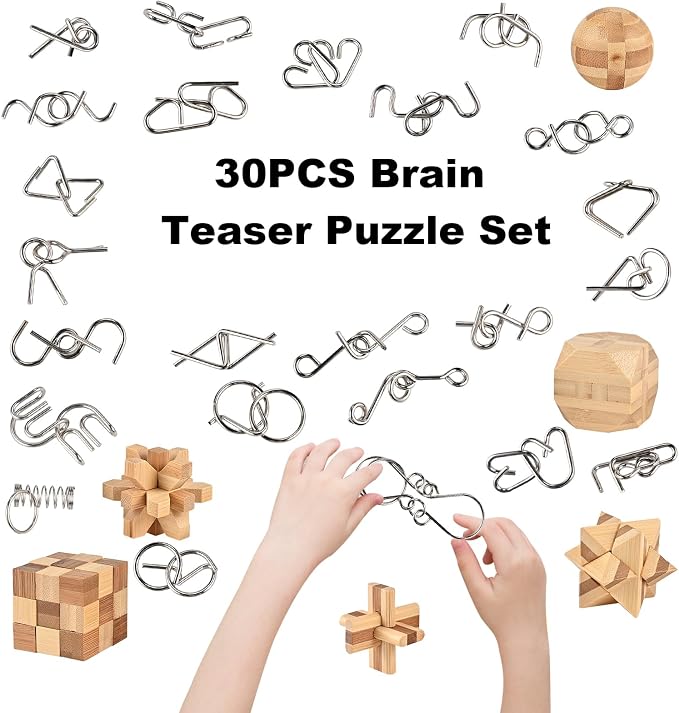 GOLDGE 30pcs Brain Teaser Puzzle Set for Adults & Kids – Ancient Wooden & Metal 3D Puzzles, IQ Logic Games for Family, Parties & Coffee Breaks. Unlock & Solve Interlocking Challenges, Educational Toy