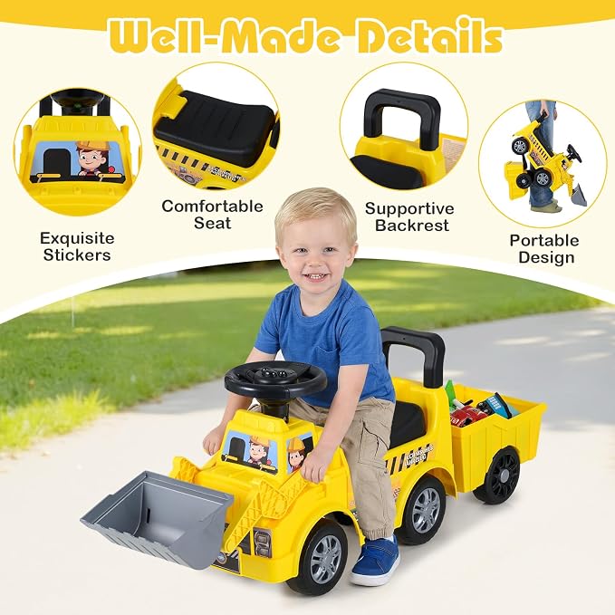 Costzon Ride on Excavator, Kids Tractor Digger Bulldozer Push Car w/Shovel, Detachable Trailer, Under-Seat Storage, DIY Stickers, Sit and Scoot Ride on Toy, Construction Car for Toddler 18+ Months