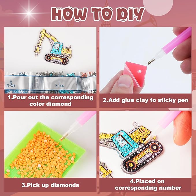 Labeol Arts and Crafts for Kids Ages 8-12 - Creat Your Own GEM Keychains-5D Diamond Art by Numbers GEM Art Kits for Kids Girls Toddler Crafts Age 6-7 6-8 10-12 (Engineering Vehicles)