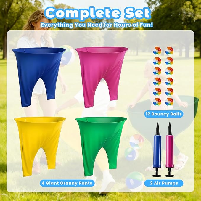 Granny Pants Yard Game, 4Pcs Granny Pants Outdoor Game for Adults and Kids, Giant Outdoor Tossing Games with 4 Oversized Pants & 12 Bouncy Balls, Family Reunion Party Field Game Set