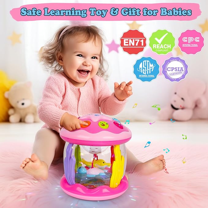 M SANMERSEN Baby Girl Toys 12 Months - Babies Ocean Rotating Projector Light Up Musical Toys for 12-18 Months Crawling Learning Tummy Time 1 2 Years Old Infant Boys Girls Pink