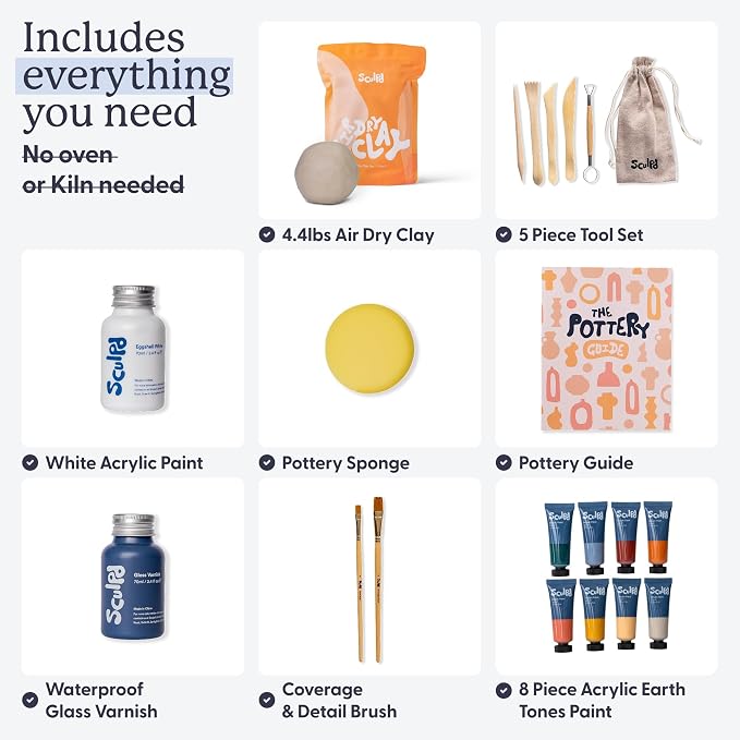 Sculpd - The Original Pottery Kit for Adults - Air Dry Clay for Adults, Tools, Varnish, Paints, Brushes, Couples Date Night Arts & Crafts Set, Gloss Varnish