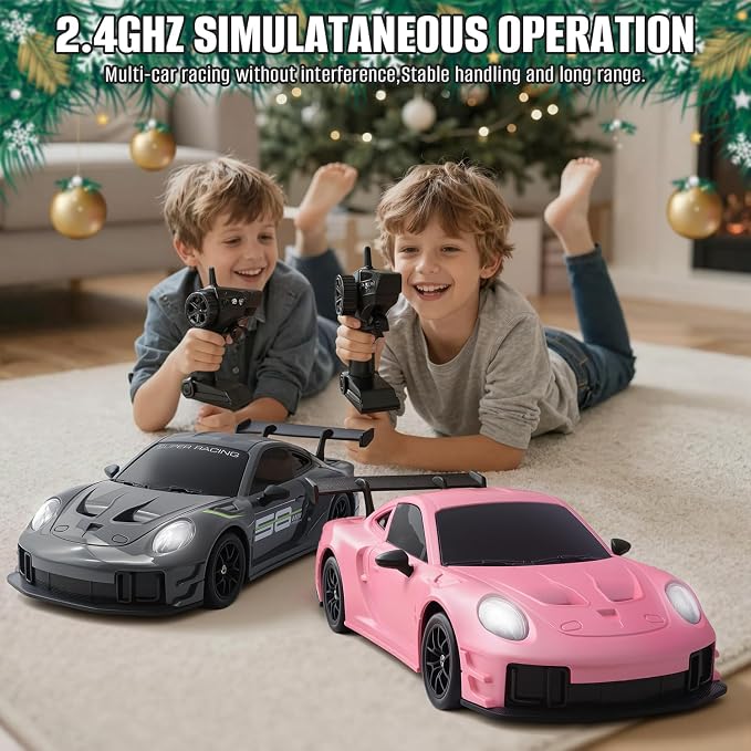 RC Drift Car, 1:24 4WD Remote Control Cars Vehicle with LED Light,2.4GHz 20KM/H High Speed RC Cars with Two Batteries & Drifting Tires Racing Sport Toy for Adults Boys Girls Kids Pink