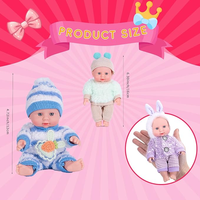 Vueos 4 Pcs 7 Inch Baby Doll Playset with 4 Adorable Clothes, Mini Reborn Baby Dolls Nursery Toys for Toddlers Girls Kids 3+