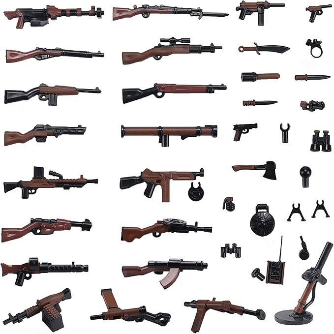 Military Weapons Pack, Military Toy Gun Set for Classic Building Blocks, 40 Pieces WW2 Army Accessory Combination, Compatible with Major Brands, Brownish-Black