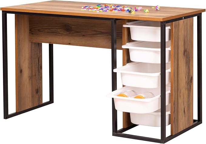 Desk with Drawers, Puzzle Table, Hobby & Activity Desk, Space-Saving Do-it-Yourself Desk, Small Modern Office Desk, Simple Pc Table with Bins (Rustic Brown)