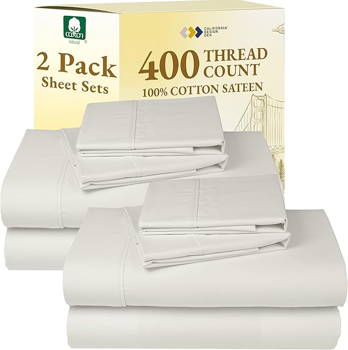 California Design Den Pack of 2 Queen Sheet Set - 400 Thread Count 100% Cotton Sateen - Soft and Breathable Sheets, 2 Sets of Deep Pocket Bed Sheets - Ivory (Pale Tone)