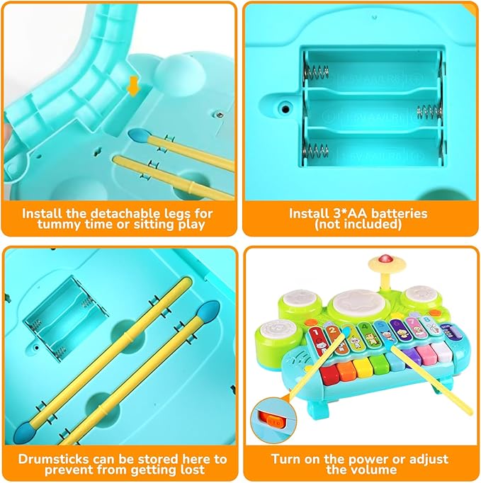 Baby Piano Drum Set for Toddlers 1-3, Musical Toys 3 in 1 Baby DJ Table Piano Keyboard Xylophone Drum Instruments for 1 2 Year Old Boys Girls Music & Light Activity Table Babies First Birthday Gifts
