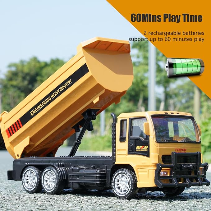 Jiakora Remote Control Dump Truck for Kids, 2.4GHz RC Construction Vehicle with LED Lights, 45° Dumping Function, 2 Rechargeable Batteries, Toy Truck for Boys Girls 3 4 5 6 7 8 Years Old