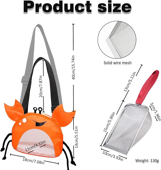 4PCS Beach Toy Mesh Shovel and Mesh Beach Bag Seashell Bag,for Sand Filter & Collect Shells,Sand Sifter Shell Collecting Tools(Green-Orange Crab)