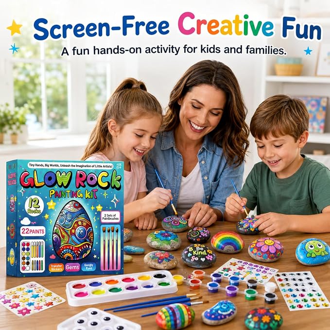 Rock Painting Kit for Kids Ages 6–12, Arts & Crafts Set, Creative Art Toys, Glow-in-the-Dark Rocks to Paint, Gifts for Birthdays & Holidays, Stocking Stuffers
