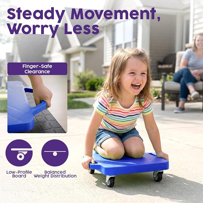 Hurtle Scooter Boards for Kids with Safety Handles, 2-Pack Heavy Duty Gym Floor Scooters with 360° Wheels for PE, Indoor Active & Sensory Play, Support 200 lbs, Includes Cones & Tow Strap, Blue & Red