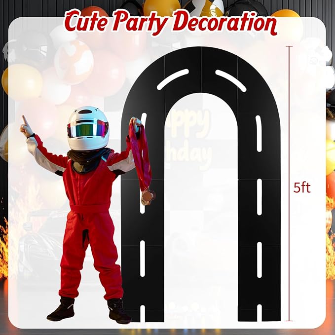 Zhanmai Racing Party Backdrop Decor Open U Shaped Race Track Arch Backdrop Stand with Weighted Water Bag Racetrack Pre-Cut Foam Board Set for Race Car Road Go Kart Birthday Games Party(5 ft)