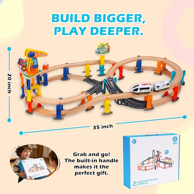 60Pcs Wooden Train Track Set, 203-inch Track Length, Train Bridge Toy Set for Toddlers, Scenario Building Blocks Toddler Toys with Airplane and Magnetic Crane, Birthday Gift Ideas for Boys and Girls