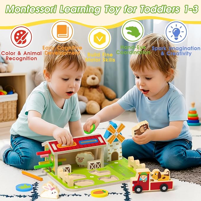 Montessori Wooden Farm Toys for Toddlers 1-3, Coin Sorting Color Shape Animal Matching Fine Motor Skills Toy, Cognitive Learning Educational Sensory Toy for 1 2 3 Year Old Boys Girls, Birthday Gift