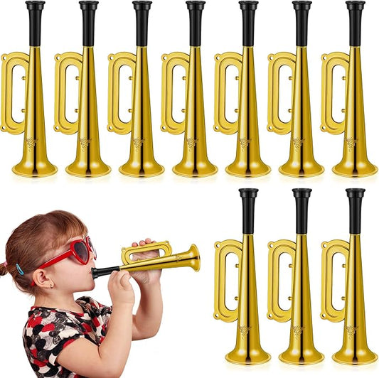 Poen 12 Pcs Toy Trumpet Kids Mini Metallic Trumpet Parties Musical Blow Horn Instruments Plastic Noise Makers for Kids Events Party Favors Music Class Stage Props 7 Inch Easter Day(Gold)
