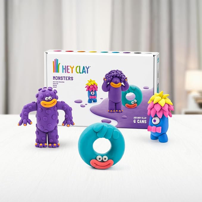 HEY CLAY Colorful Modeling Air Dry Clay for Kids 6 cans with Fun Interactive Instructions App - Kids Activities Age 3+ (Monsters: Hipster, Bigwig, Donut)