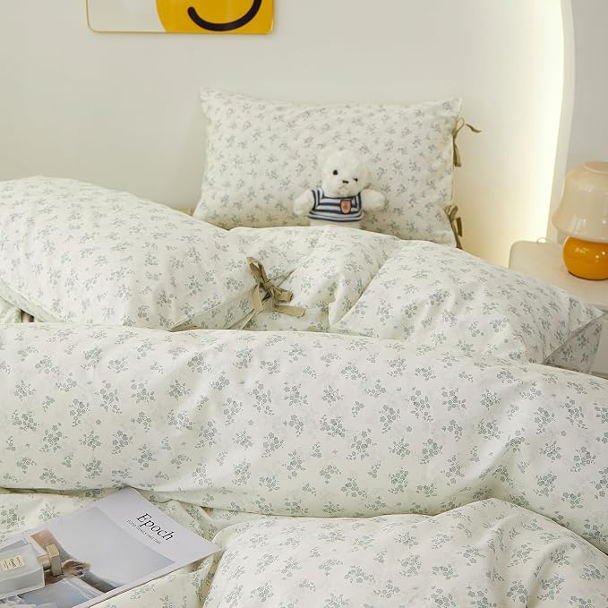LifeTB King Comforter Set Vintage Floral Comforter Bedding Set, Aesthetic Coquette Botanical Green Flowers Comforter with 2 Bow Ties Pillowcases, Lightweight Cottagecore Comforter Set for All Season