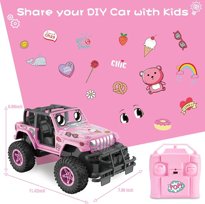 NQD RC Cars with DIY Sticker, Pink Remote Control Car for Girls, 2.4Ghz Jeep RC Trucks, Little Girl Toys Birthday Xmas for 3 Years Old and Up
