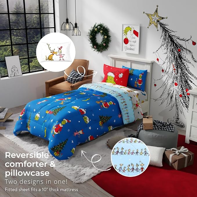 Grinch by Dr. Seuss Holiday & Christmas Bedding Soft Comforter and Sheet Set with Sham, 5 Piece Twin Size, (Official Dr. Seuss Product) By Franco
