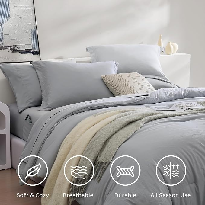 WRENSONGE Twin XL Comforter Set- 5 Pieces Light Grey Bed in a Bag, All Season Twin XL Bedding Sets with 1 Fitted Sheet, 1 Flat Sheet, 1 Pillow Sham and 1 Pillowcase