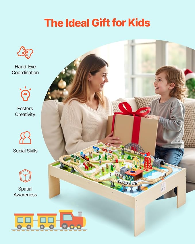 VEVOR Train Table, 120 Multicolor Pieces Wooden Kids Activity Table with Collapsible Storage Bin, 3-in-1 Wooden Train Set for Gaming, Drawing, Reading, Eating, Creative Toy Set for Kids Ages 3+