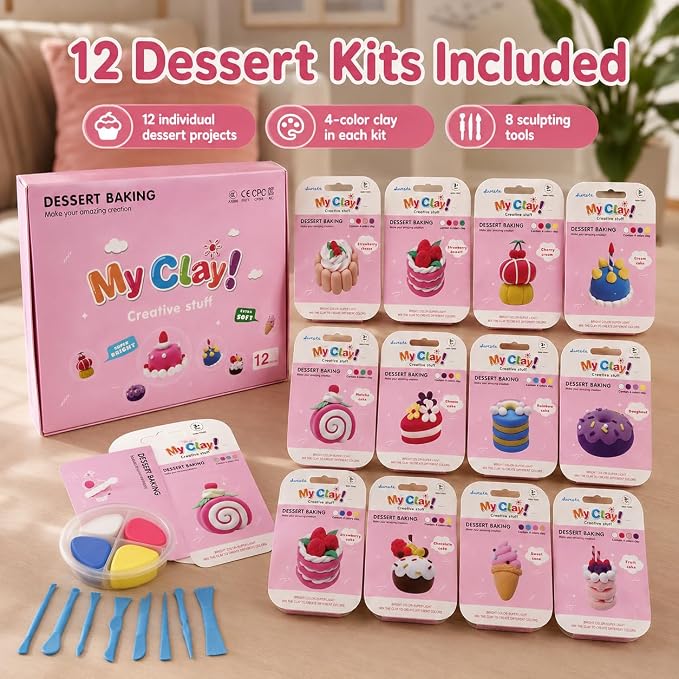 Air Dry Clay Kit for Kids, 12 Dessert Baking Modeling Clay for Kids, DIY Model Magic Clay with Tools and Tutorials, Soft&Non-Sticky, Safe&Non-Toxic Magic Clays,Creatible Art Crafts Toys Gifts