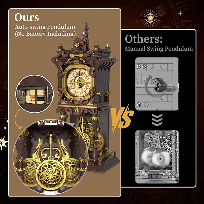 Vintage Swing Clock Building Blocks Set, Real Working Moving Pendulum & Rotating Dial, Mechanical Building Blocks Toys, Gift for Adults Teens Girls Boys 12+, Retro Steampunk Home Decor