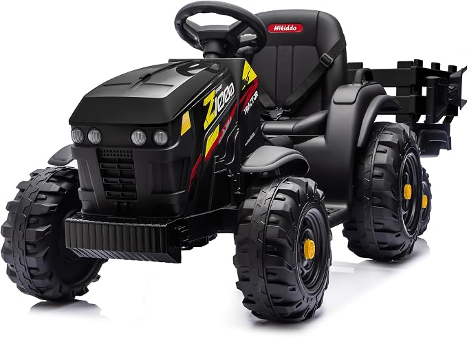 Hikiddo 24V Kids Ride on Tractor Toy, Electric Tractor for Kids 3-8 with Trailer, 2x200W Motors - Black