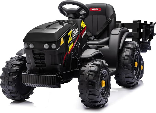 Hikiddo 24V Kids Ride on Tractor Toy, Electric Tractor for Kids 3-8 with Trailer, 2x200W Motors - Black