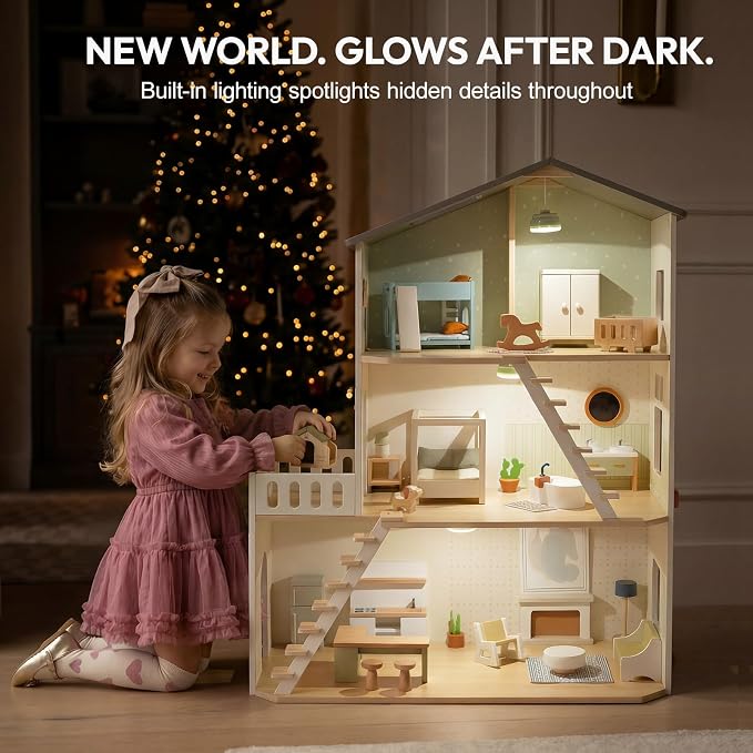 Giant bean Modern Wooden Dollhouse with Lights & 37PCS Furniture Set – Nordic Style 3-Story Playhouse for Kids Age 3+, Natural Wood Montessori Doll House with Realistic Rooms, Gift for Girls & Boys