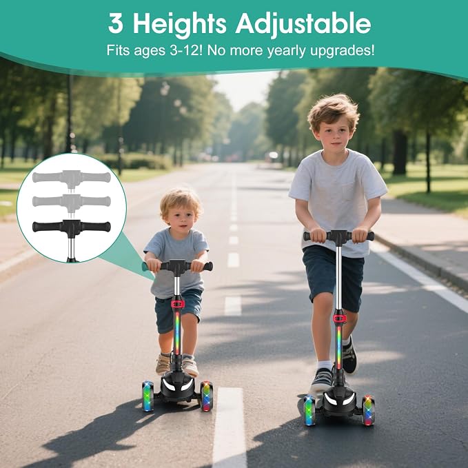 Electric Scooter for Kids Ages 3-8, 3 Wheels Electric Scooter, Electric Kick Scooter with 2 Speeds, Long Battery Life, Flashing LED Wheels, Adjustable Height, B2 with Bluetooth Music for Boys/Girls