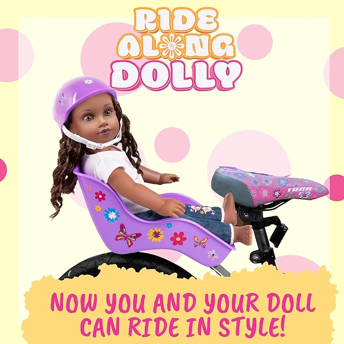 Ride Along Dolly Doll Bicycle Seat - Fits 18-22 inch Dolls & Stuffed Animals - Pink Bike Seat Attachment for Kids' Bicycles with DIY Decorate Yourself Decals - Universal Fit Girls Bike Accessory