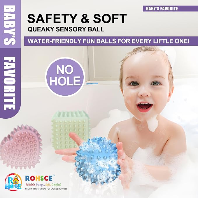 Baby Sensory Balls, Soft Spiky No-Hole Bath Toys for Toddlers 1-3 | BPA-Free Wheat Straw, Bright Colors, Soft Spiky Texture, Easy to Grip, Bath, Pool and Beach Play, 1st Birthday Boy Gifts