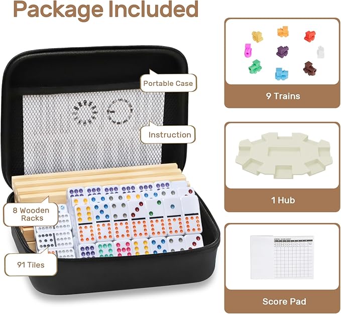 Mexican Train Dominoes Set with 8 Wooden Trays/Racks, Double 12 Dominos Travel Set with 8 Domino Tiles Holders, 91 Tiles Double 12 Colored Dominoes Game Set with Portable Case for Families Kids