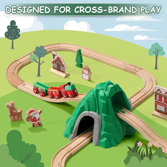 SainSmart Jr. Wooden Train Set 50 Pcs Train Set - Toy Train with Exquisite Box, Wood Train Track Set Fit for Major Brands, Ideal Railway Playset for Boys and Girls